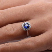 Asscher Cut Blue Sapphire Engagement Ring Diamond Halo Cluster 14K White Gold - Rare Earth Jewelry