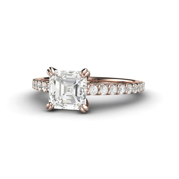 Asscher Cut Forever One Moissanite Engagement Ring Double Prong Solitaire 18K Rose Gold  - Rare Earth Jewelry