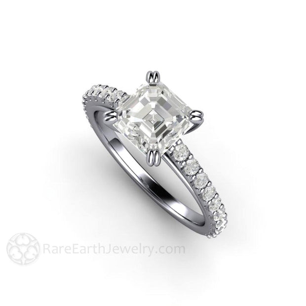 Asscher Cut Forever One Moissanite Engagement Ring Double Prong Solitaire Platinum  - Rare Earth Jewelry