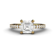 Asscher Cut Forever One Moissanite Engagement Ring Double Prong Solitaire in Yellow Gold - Rare Earth Jewelry