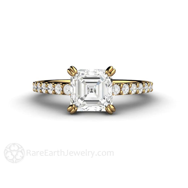 Moissanite Asscher Engagement Ring Pave Solitaire in Yellow Gold - Rare Earth Jewelry