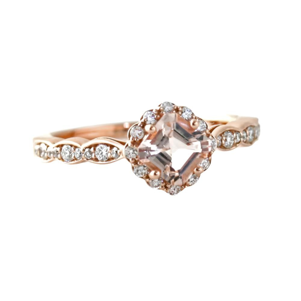 Asscher Morganite Engagement Ring Vintage Style Diamond Halo in 14K or 18K Gold and Platinum, Shown in Rose Gold| Rare Earth Jewelry