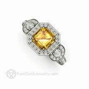 Asscher Cut Yellow Sapphire Engagement Ring Three Stone Diamond Halo 14K White Gold - Engagement Only - Rare Earth Jewelry