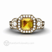 Asscher Cut Yellow Sapphire Engagement Ring Three Stone Diamond Halo 14K Yellow Gold - Wedding Set - Rare Earth Jewelry