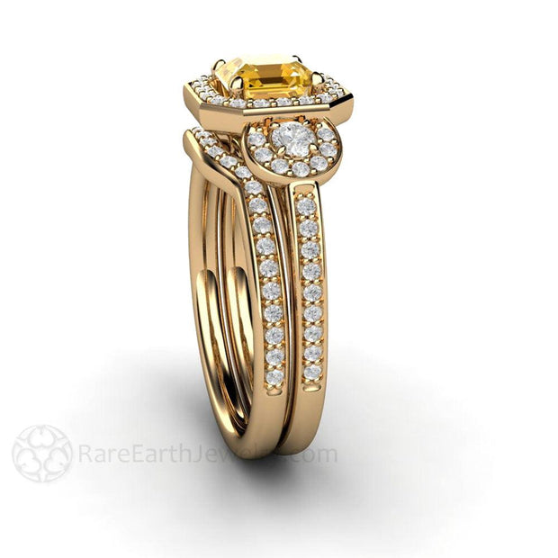 Asscher Cut Yellow Sapphire Engagement Ring Three Stone Diamond Halo 14K Yellow Gold - Wedding Set - Rare Earth Jewelry