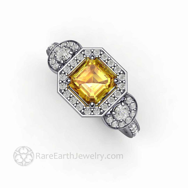 Asscher Cut Yellow Sapphire Engagement Ring Three Stone Diamond Halo Platinum - Engagement Only - Rare Earth Jewelry