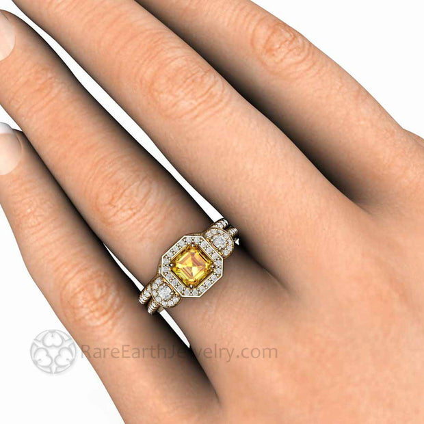 Asscher Cut Yellow Sapphire Engagement Ring Three Stone Diamond Halo - 14K Yellow Gold - Wedding Set - Asscher - Halo - Sapphire - Rare Earth Jewelry