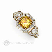 Asscher Cut Yellow Sapphire Engagement Ring Three Stone Diamond Halo 14K Yellow Gold - Engagement Only - Rare Earth Jewelry