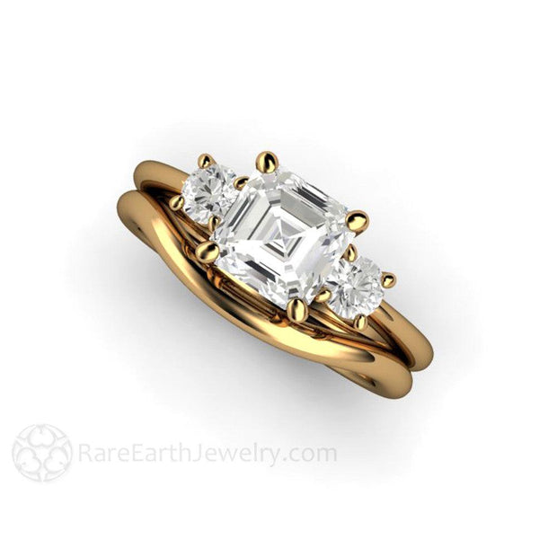 Asscher Forever One Moissanite Engagement Ring or Wedding Set 18K Yellow Gold - Wedding Set - Rare Earth Jewelry