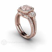 Asscher Morganite Bridal Set Engagement Ring and Band 3 Stone Diamond Halo 18K Rose Gold - Rare Earth Jewelry