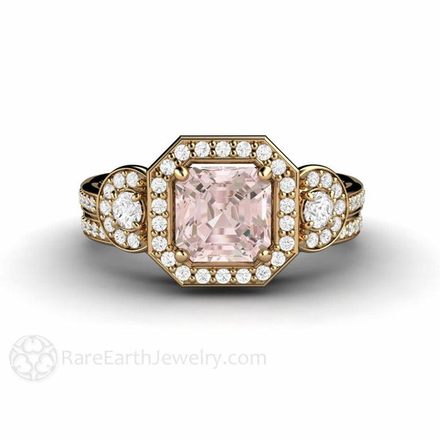 Asscher Morganite Bridal Set Engagement Ring and Band 3 Stone Diamond Halo 18K Yellow Gold - Rare Earth Jewelry