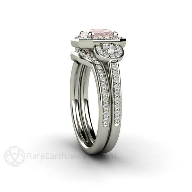 Asscher Morganite Bridal Set Engagement Ring and Band 3 Stone Diamond Halo 18K White Gold - Rare Earth Jewelry