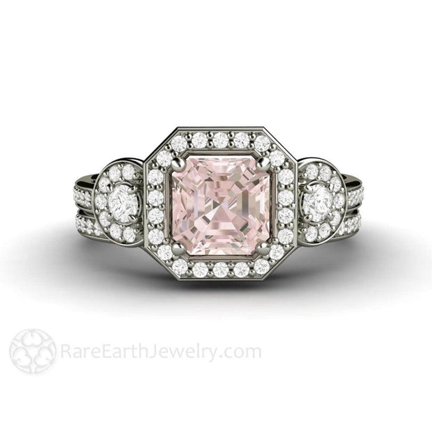 Asscher Morganite Engagement Ring Diamond Halo 3 Stone 14K White Gold - Wedding Set - Rare Earth Jewelry
