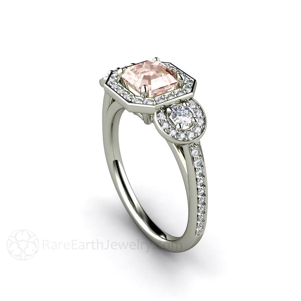 Asscher Morganite Engagement Ring Diamond Halo 3 Stone - Rare Earth Jewelry