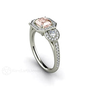 Asscher Morganite Engagement Ring Diamond Halo 3 Stone Platinum - Engagement Only - Rare Earth Jewelry