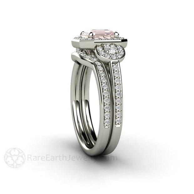 Asscher Morganite Engagement Ring Diamond Halo 3 Stone 18K White Gold - Wedding Set - Rare Earth Jewelry