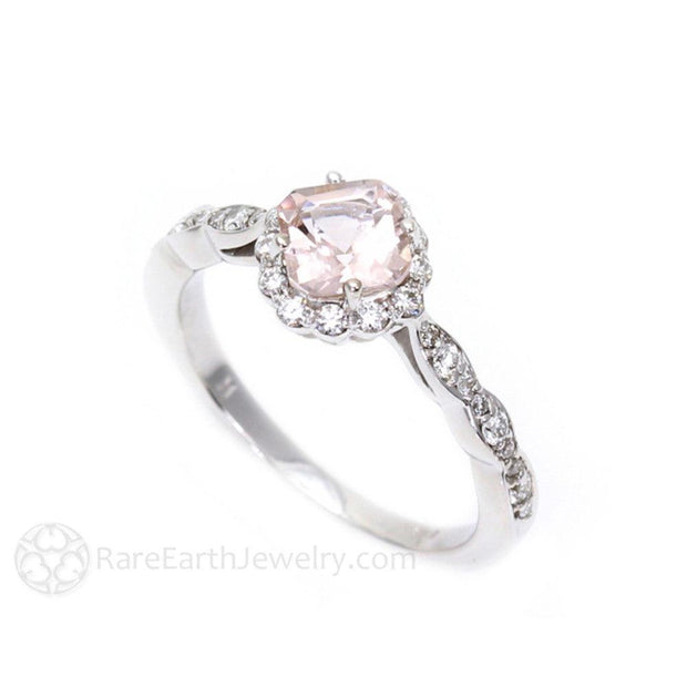 Asscher Morganite Engagement Ring Vintage Style Diamond Halo 18K White Gold - Rare Earth Jewelry
