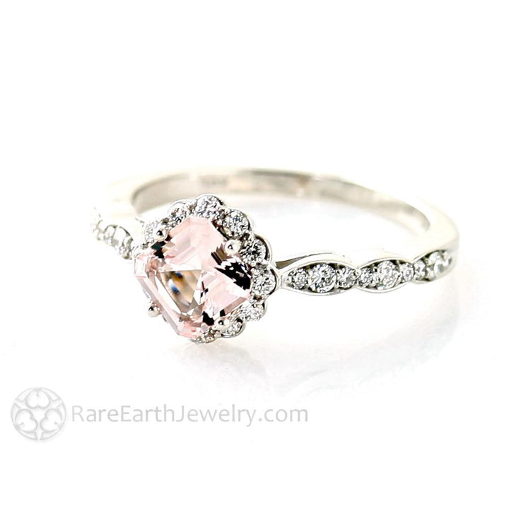 Asscher Morganite Engagement Ring Vintage Style Diamond Halo - Rare Earth Jewelry