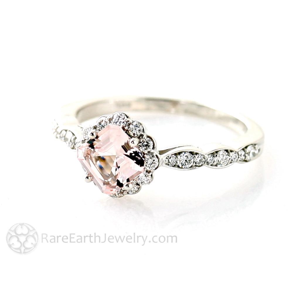 Asscher Morganite Engagement Ring Vintage Style Diamond Halo | Rare ...