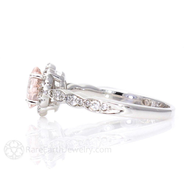 Asscher Morganite Engagement Ring Vintage Style Diamond Halo Platinum - Rare Earth Jewelry
