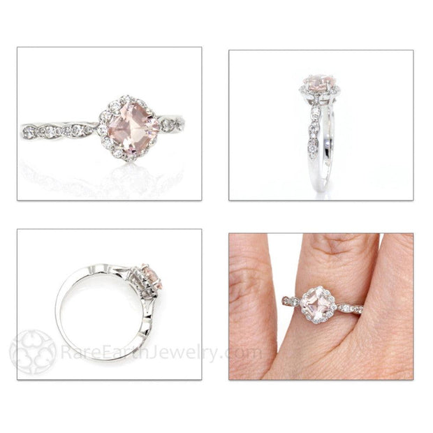 Asscher Morganite Engagement Ring Vintage Style Diamond Halo Platinum - Rare Earth Jewelry