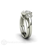 Asscher White Sapphire Engagement Ring 3 Stone Diamond Halo - 14K White Gold - Wedding Set - Asscher - Halo - Sapphire - Rare Earth Jewelry