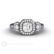 Asscher White Sapphire Engagement Ring 3 Stone Diamond Halo Platinum - Engagement Only - Rare Earth Jewelry
