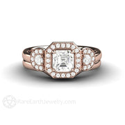 Asscher White Sapphire Engagement Ring 3 Stone Diamond Halo - 14K Rose Gold - Wedding Set - Asscher - Halo - Sapphire - Rare Earth Jewelry