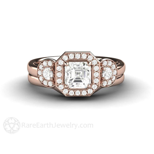 Asscher White Sapphire Engagement Ring 3 Stone Diamond Halo - 14K Rose Gold - Wedding Set - Asscher - Halo - Sapphire - Rare Earth Jewelry