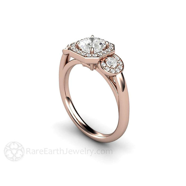 Asscher White Sapphire Engagement Ring 3 Stone Diamond Halo 14K Rose Gold - Engagement Only - Rare Earth Jewelry
