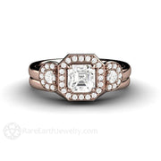 Asscher White Sapphire Engagement Ring 3 Stone Diamond Halo 18K Rose Gold - Wedding Set - Rare Earth Jewelry
