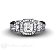 Asscher White Sapphire Engagement Ring 3 Stone Diamond Halo Platinum - Wedding Set - Rare Earth Jewelry