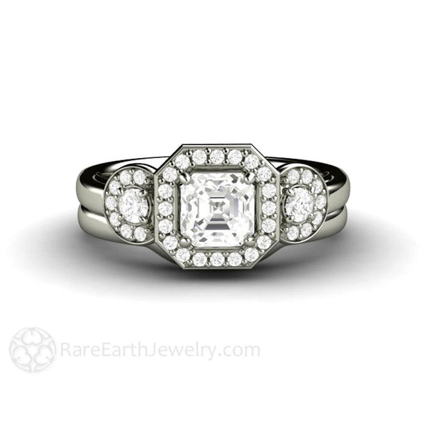 Asscher White Sapphire Engagement Ring 3 Stone Diamond Halo 14K White Gold - Wedding Set - Rare Earth Jewelry