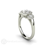Asscher White Sapphire Engagement Ring 3 Stone Diamond Halo 18K White Gold - Engagement Only - Rare Earth Jewelry