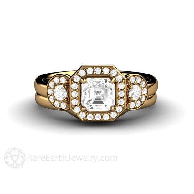 Asscher White Sapphire Engagement Ring 3 Stone Diamond Halo 18K Yellow Gold - Wedding Set - Rare Earth Jewelry