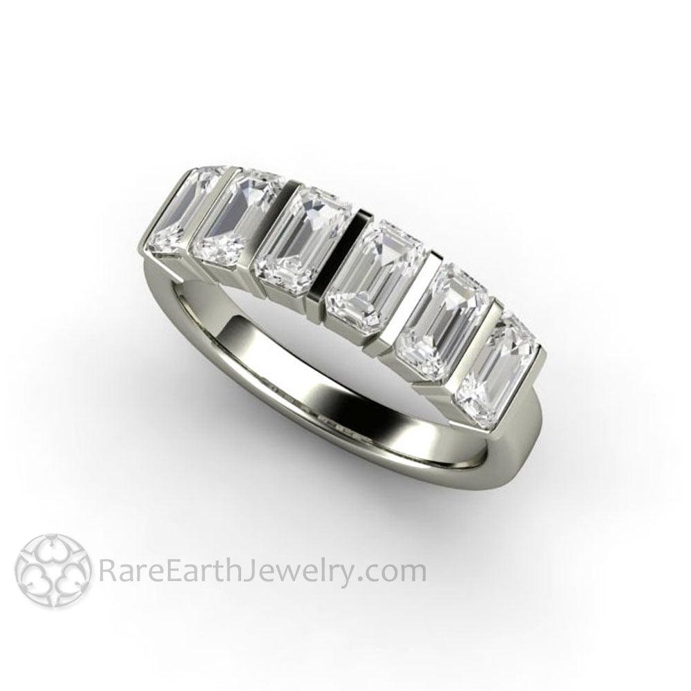 Bar Set Emerald Cut Moissanite Band or Wedding Ring Geometric Design - Rare Earth Jewelry