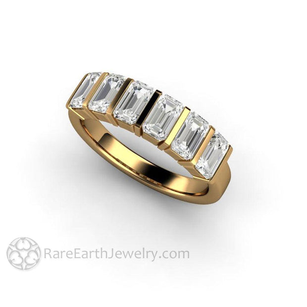Bar Set Emerald Cut Moissanite Band or Wedding Ring Geometric Design All 18K Yellow Gold - Rare Earth Jewelry