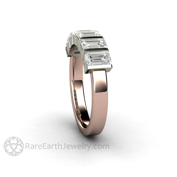 Bar Set Emerald Cut Moissanite Band or Wedding Ring Geometric Design 2 Tone - 14K White Gold/Rose Gold - Rare Earth Jewelry