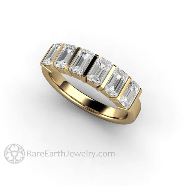 Bar Set Emerald Cut Moissanite Band or Wedding Ring Geometric Design All 14K Yellow Gold - Rare Earth Jewelry