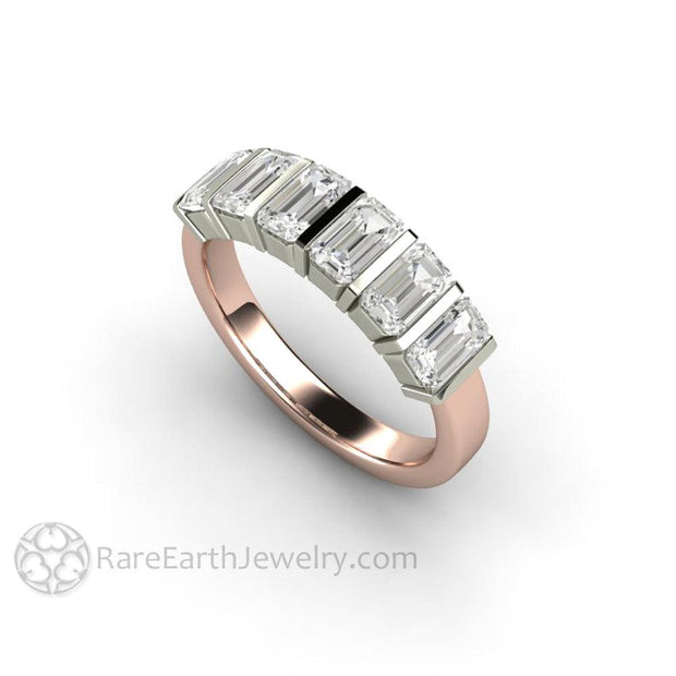 Bar Set Emerald Cut Moissanite Band or Wedding Ring Geometric Design 2 Tone - 14K White Gold/Rose Gold - Rare Earth Jewelry