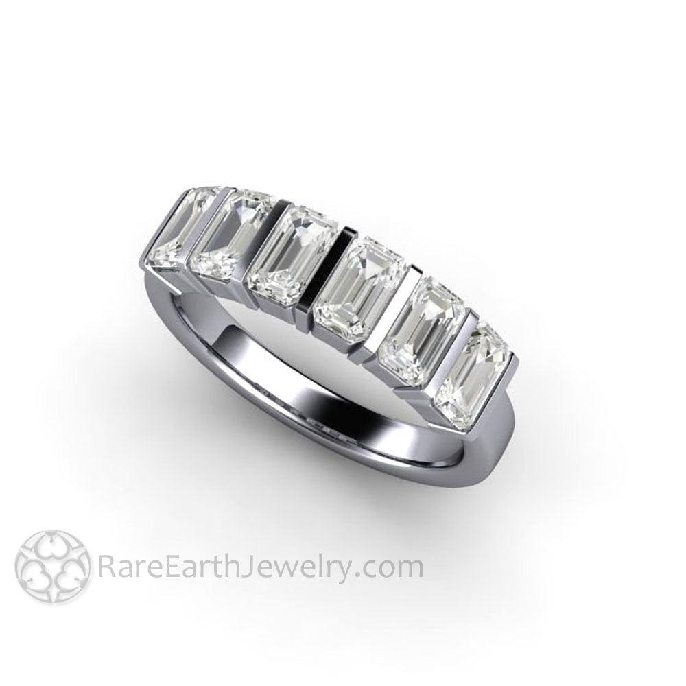 Bar Set Emerald Cut Moissanite Band or Wedding Ring Geometric Design - Rare Earth Jewelry