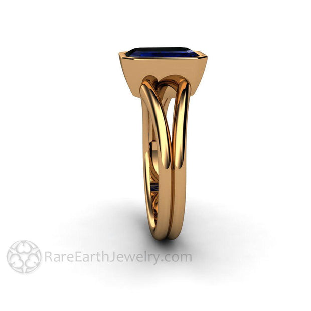 Bezel Set Blue Sapphire Ring Split Shank Solitaire Engagement 18K Yellow Gold - Rare Earth Jewelry