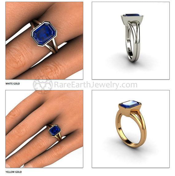Bezel Set Blue Sapphire Ring Split Shank Solitaire Engagement 18K Yellow Gold - Rare Earth Jewelry