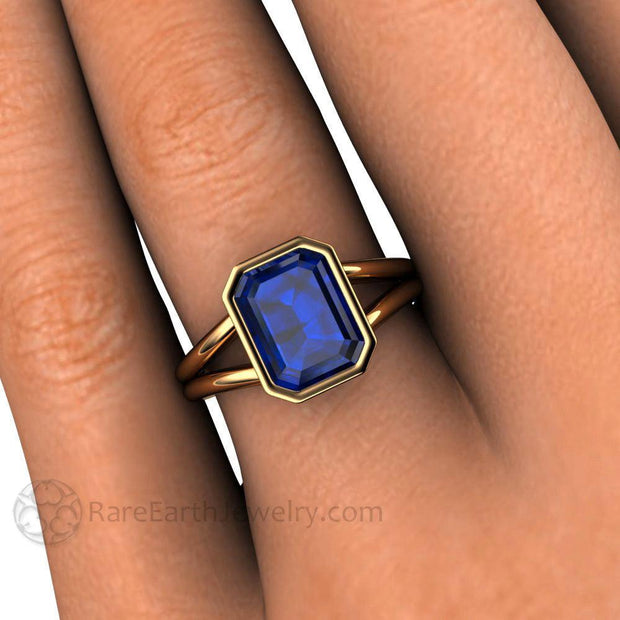 Bezel Set Blue Sapphire Ring Split Shank Solitaire Engagement - 18K Yellow Gold - Bezel - Blue - Emerald Octagon - Rare Earth Jewelry