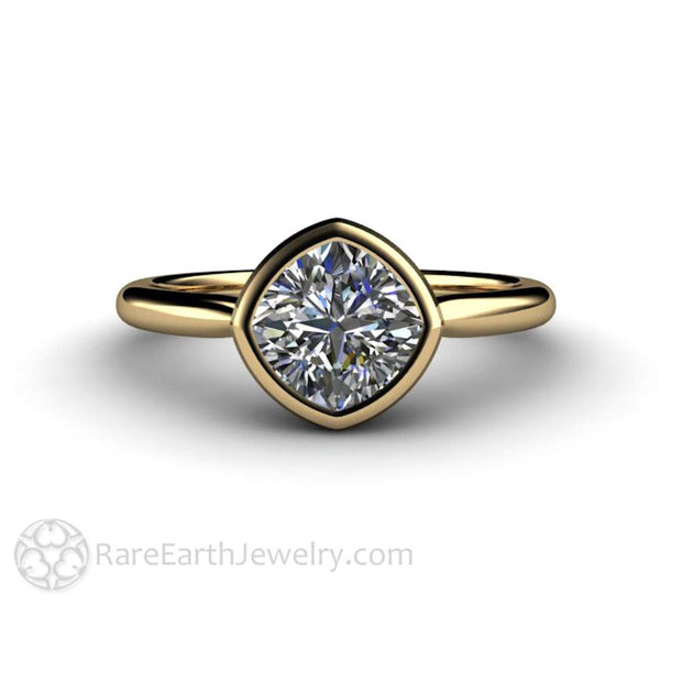 Bezel Set Cushion Cut Engagement Ring with Forever One Moissanite Simple Solitaire 14K Yellow Gold - Rare Earth Jewelry
