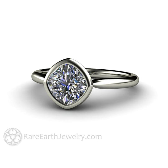 Bezel Set Cushion Cut Engagement Ring with Forever One Moissanite Simp