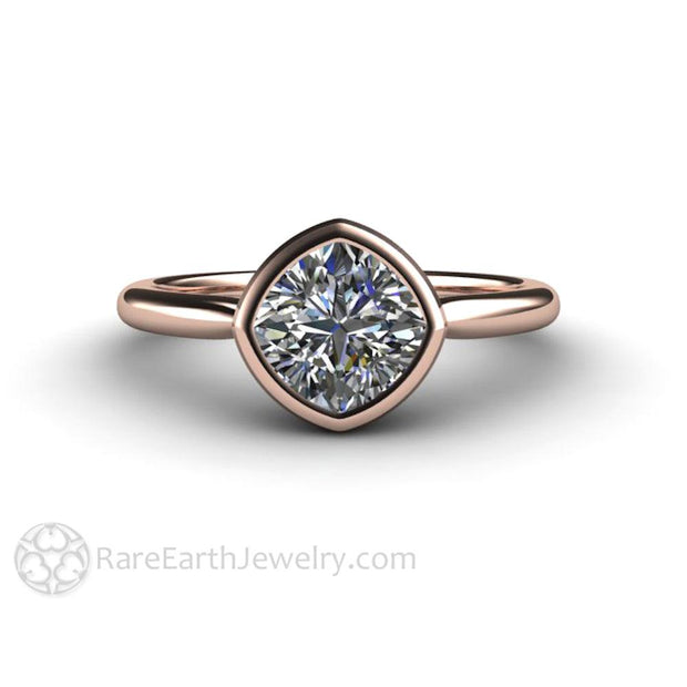 Bezel Set Cushion Cut Engagement Ring with Forever One Moissanite Simple Solitaire 14K Rose Gold - Rare Earth Jewelry