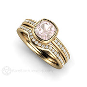 Bezel Set Cushion Pink Sapphire Engagement Ring with Diamonds 14K Yellow Gold - Wedding Set - Rare Earth Jewelry