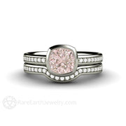 Bezel Set Cushion Pink Sapphire Engagement Ring with Diamonds 14K White Gold - Wedding Set - Rare Earth Jewelry