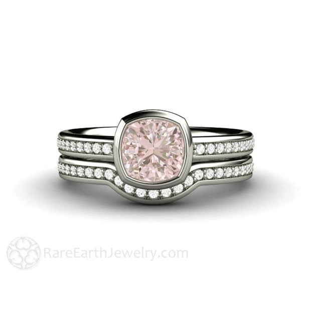 Bezel Set Cushion Pink Sapphire Engagement Ring with Diamonds 14K White Gold - Wedding Set - Rare Earth Jewelry